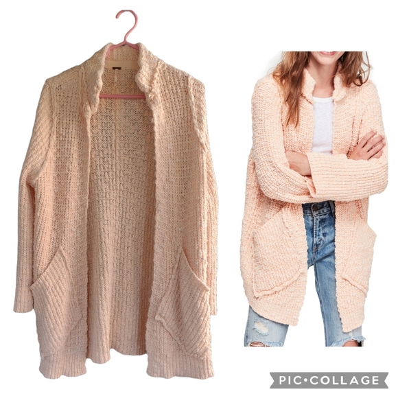 Free People Sweaters - Free People Waterfront Peach Open Front Oversized Knit Pocket Cardigan Sweater